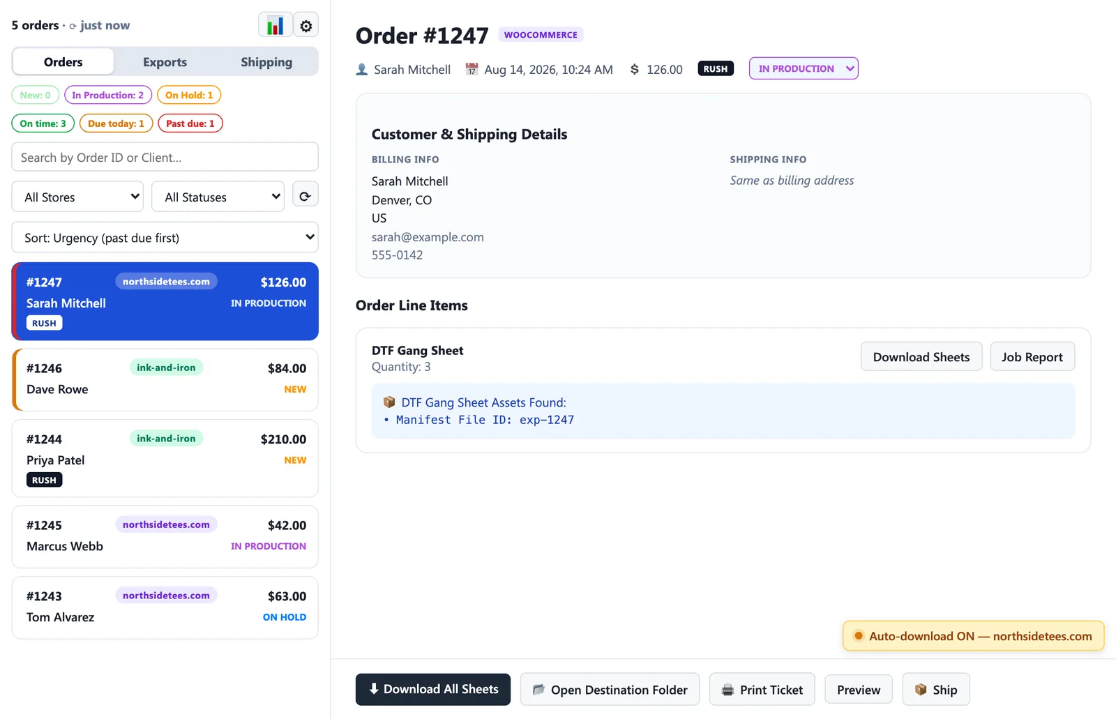 Flight Deck order detail with download, job report, print ticket and ship actions