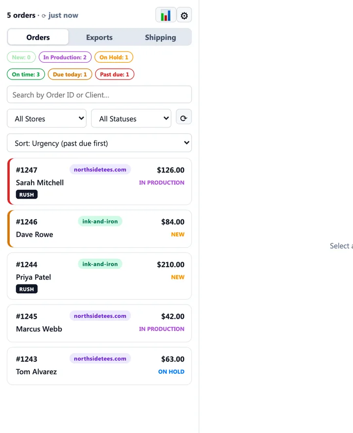 Flight Deck order queue showing orders from two stores with rush and due-date chips