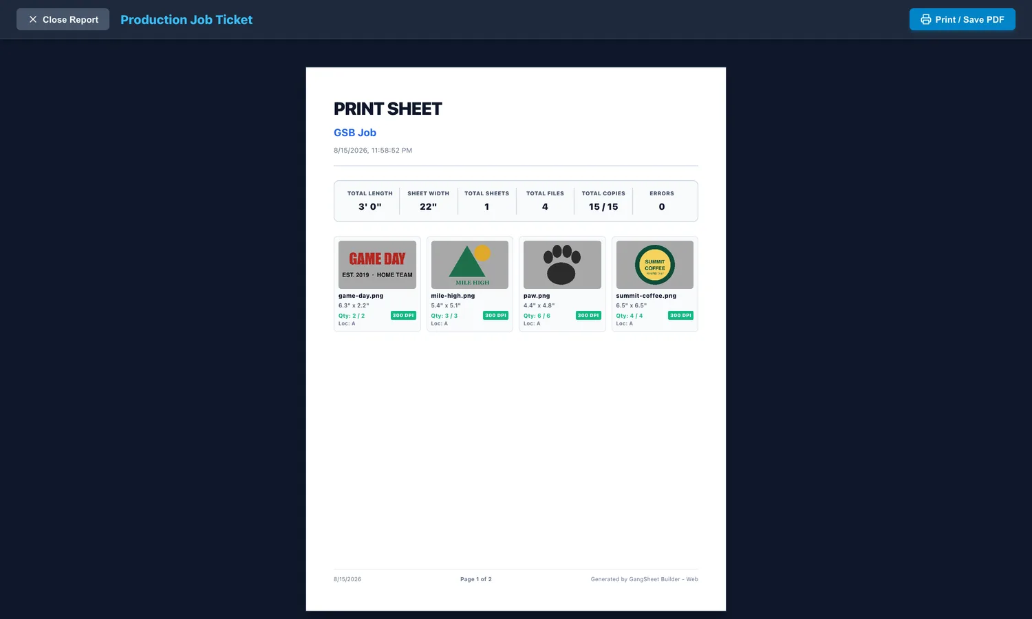 Production job ticket listing every design with size, quantity and DPI