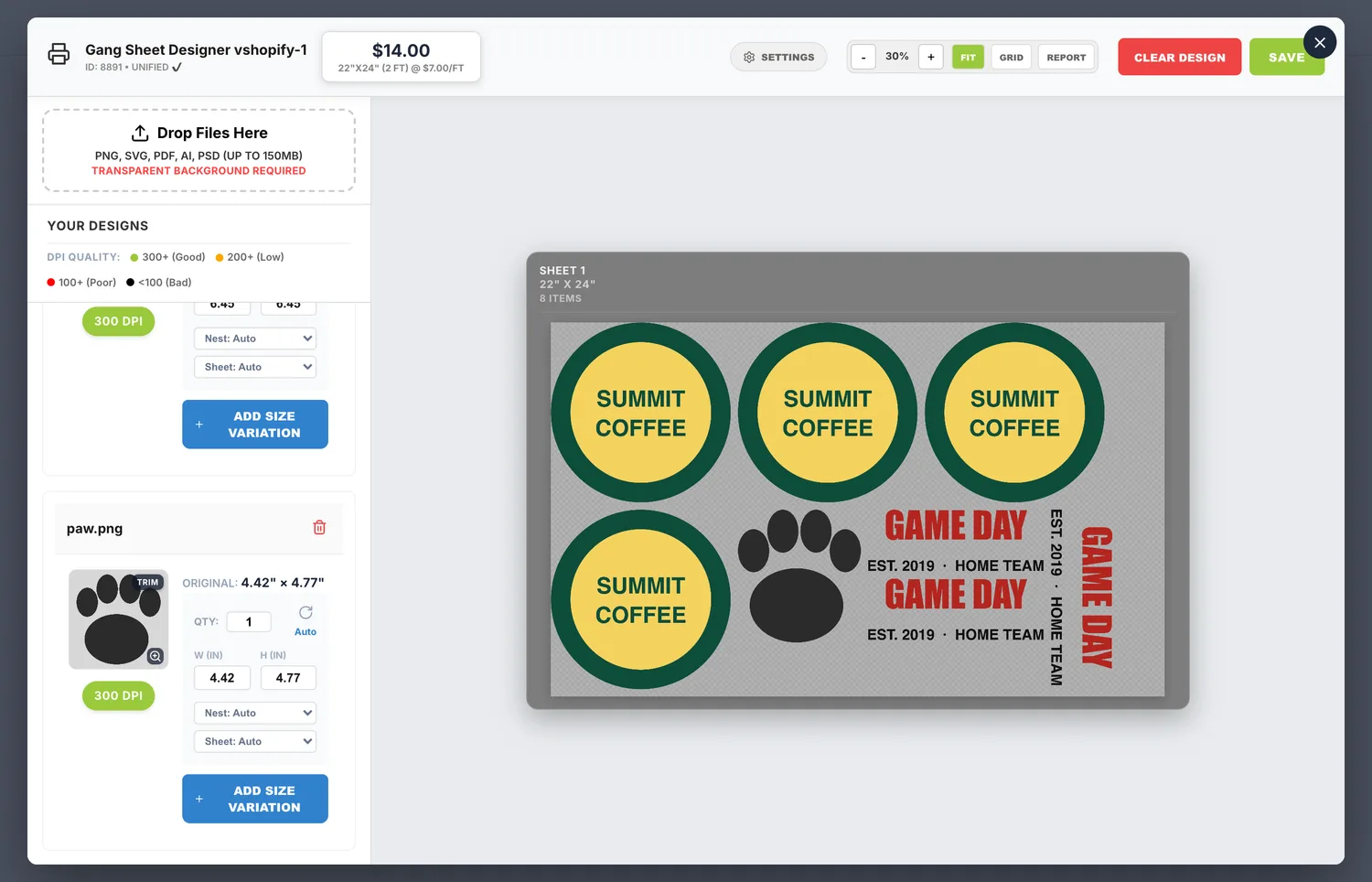 The gang sheet builder open over a Shopify product page from the theme app block