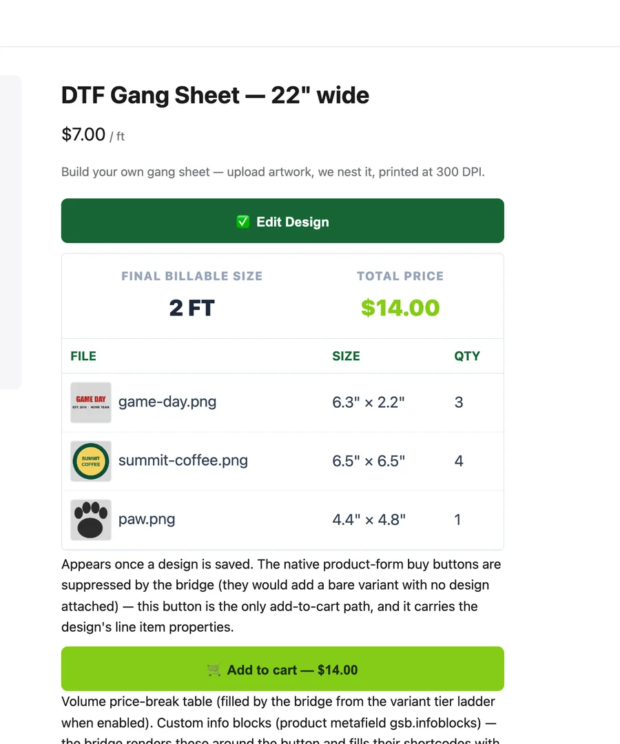 Shopify product page after saving a design, showing billable size, total price and the file manifest
