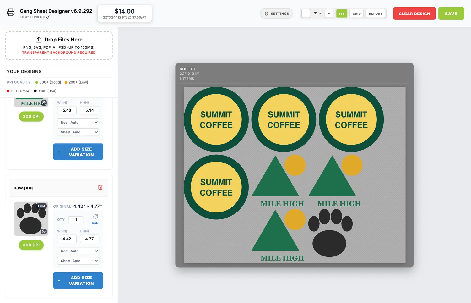 The gang sheet builder open over a WooCommerce product page, priced at seven dollars per foot