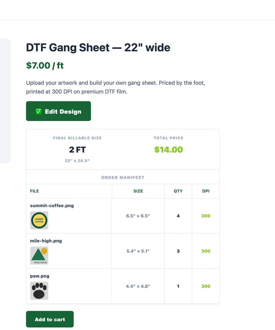 WooCommerce product page after saving a design, showing billable size, price and the order manifest